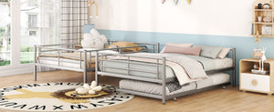 English Elm Full Over Iron Bunk Bed with Pull Out Trundle Three Sleeper Kids Guest Room Silver LT000249AAN