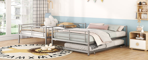 English Elm Full Over Iron Bunk Bed with Pull Out Trundle Three Sleeper Kids Guest Room Silver LT000249AAN
