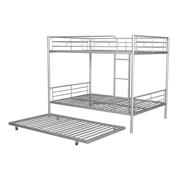 English Elm Full Over Iron Bunk Bed with Pull Out Trundle Three Sleeper Kids Guest Room Silver LT000249AAN