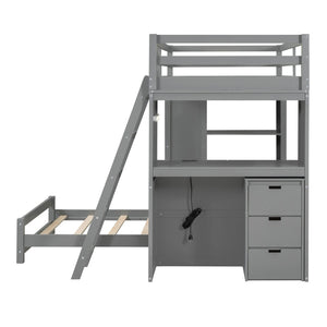 English Elm Twin Over Kids Bunk Bed with Led Lighting Usb Ports Desk and Gray Finish LT001218AAE