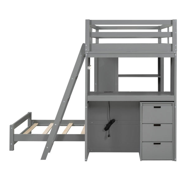 English Elm Twin Over Kids Bunk Bed with Led Lighting Usb Ports Desk and Gray Finish LT001218AAE
