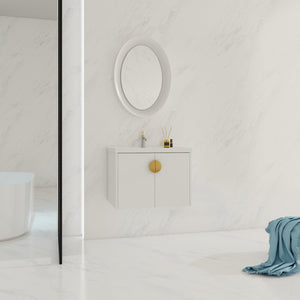 English Elm 28 Inch Wall-Mounted Bathroom Vanity with Ceramic Sink, Soft-Close Doors, Dual Handles, Water-Resistent Finish W999132143