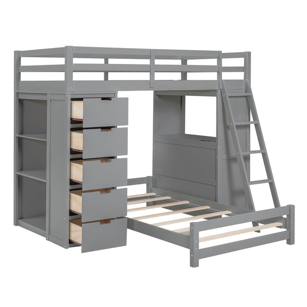 English Elm Twin Over Kids Bunk Bed with Led Lighting Usb Ports Desk and Gray Finish LT001218AAE