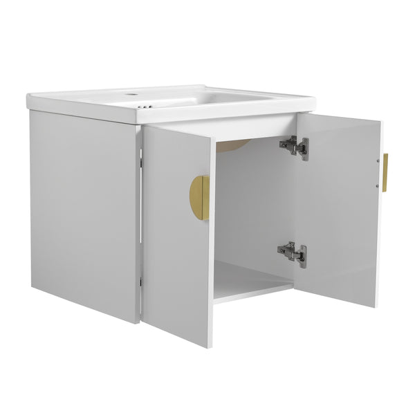 English Elm 24 Inch Wall-Mounted Bathroom Vanity with Ceramic Sink, Soft-Close Two-Door Storage, Modern Scratch-Resistant Finish W999132141