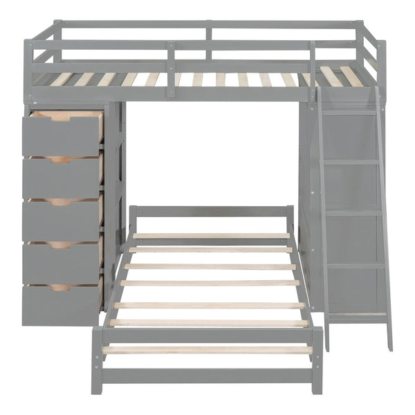 English Elm Twin Over Kids Bunk Bed with Led Lighting Usb Ports Desk and Gray Finish LT001218AAE