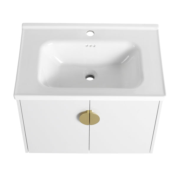 English Elm 28 Inch Wall-Mounted Bathroom Vanity with Ceramic Sink, Soft-Close Doors, Dual Handles, Water-Resistent Finish W999132143
