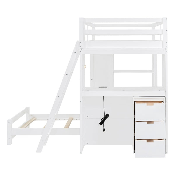 English Elm Twin Over Kids Bunk Bed with Led Lighting Usb Ports Desk and Gray Finish LT001218AAK