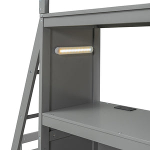 English Elm Twin Over Kids Bunk Bed with Led Lighting Usb Ports Desk and Gray Finish LT001218AAE