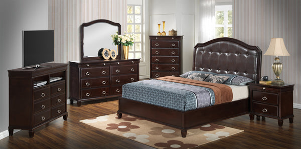 English Elm Transitional Cappuccino Queen Bed with Beige Finish, 57"H x 65"W x 87"D, Solid Particleboard Frame, Easy Assembly, Stylish Durable Comfort B078S00520
