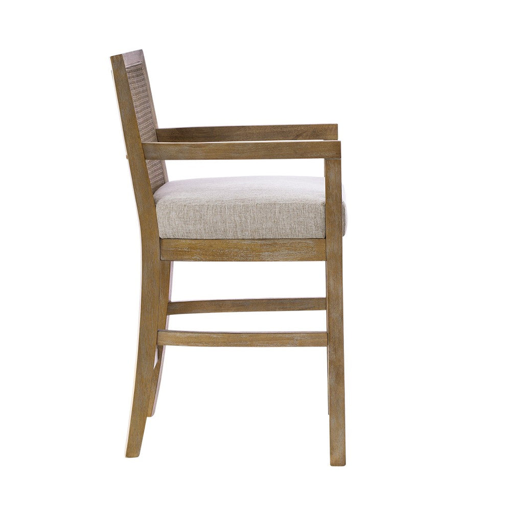 English Elm Cane Diedra Counter Stool with Reclaimed Natural Wood, Caned Back & Upholstered Seat, Bronze Kick Plate B035129477