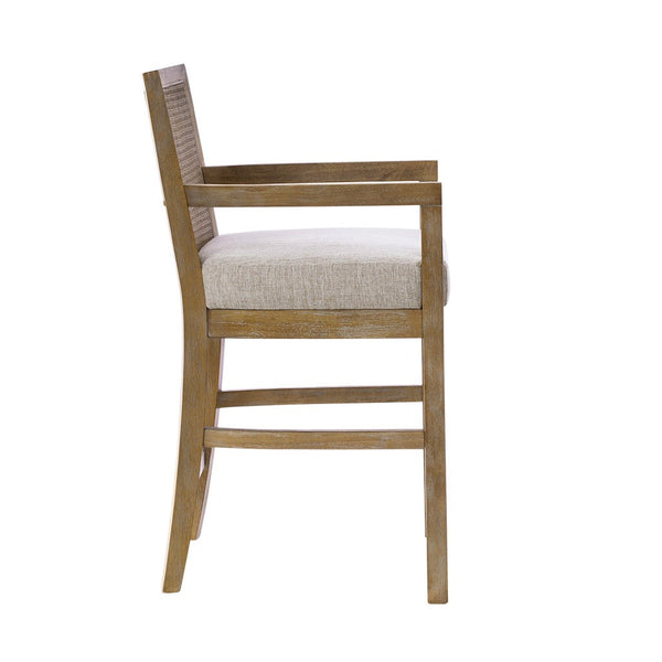 English Elm Cane Diedra Counter Stool with Reclaimed Natural Wood, Caned Back & Upholstered Seat, Bronze Kick Plate B035129477