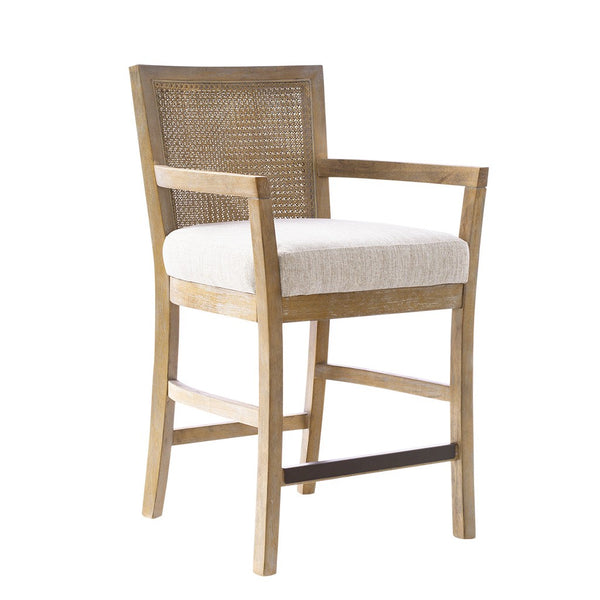 English Elm Cane Diedra Counter Stool with Reclaimed Natural Wood, Caned Back & Upholstered Seat, Bronze Kick Plate B035129477