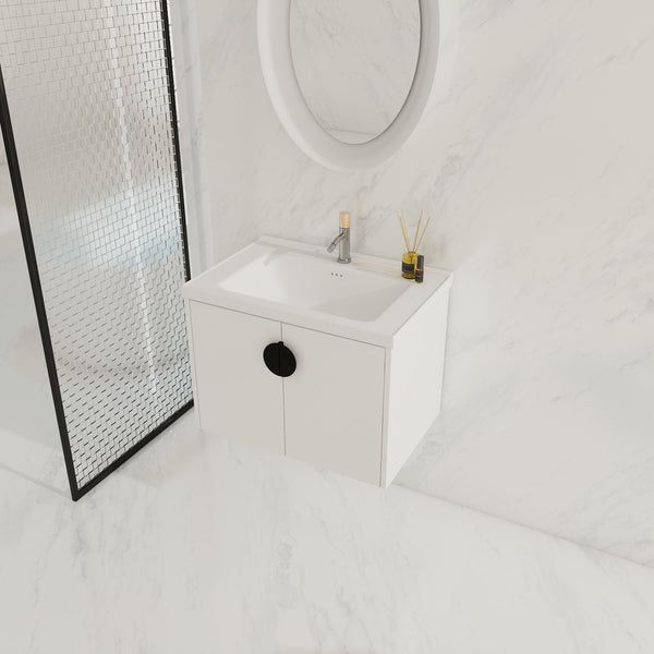 English Elm 28 Inch Wall-Mounted Bathroom Vanity with Ceramic Sink, Soft-Close Doors, Dual Handles, Water-Resistent Finish W999132143