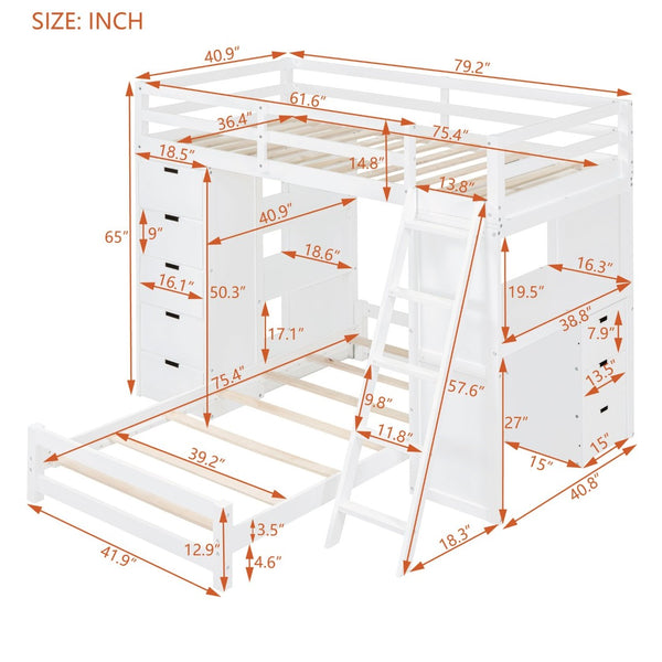 English Elm Twin Over Kids Bunk Bed with Led Lighting Usb Ports Desk and Gray Finish LT001218AAK