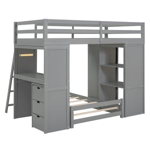English Elm Twin Over Kids Bunk Bed with Led Lighting Usb Ports Desk and Gray Finish LT001218AAE