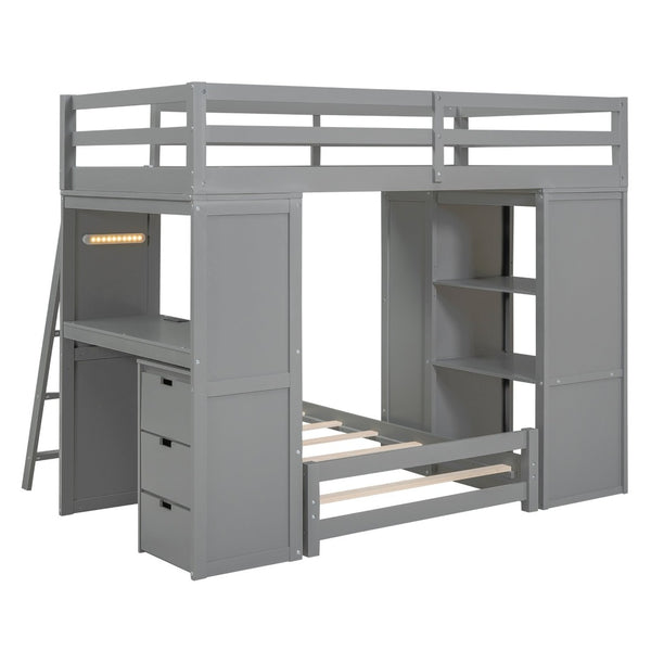 English Elm Twin Over Kids Bunk Bed with Led Lighting Usb Ports Desk and Gray Finish LT001218AAE
