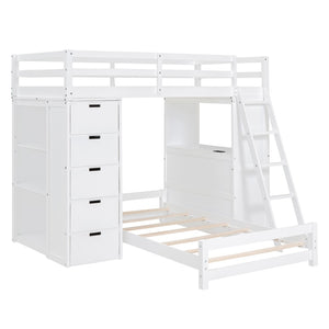 English Elm Twin Over Kids Bunk Bed with Led Lighting Usb Ports Desk and Gray Finish LT001218AAK