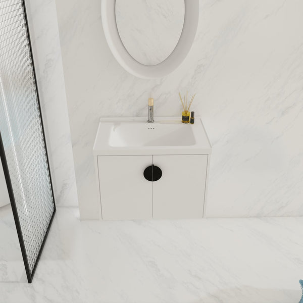 English Elm 28 Inch Wall-Mounted Bathroom Vanity with Ceramic Sink, Soft-Close Doors, Dual Handles, Water-Resistent Finish W999132143