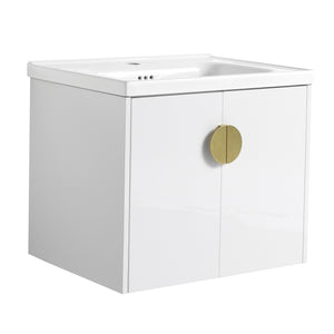 English Elm 24 Inch Wall-Mounted Bathroom Vanity with Ceramic Sink, Soft-Close Two-Door Storage, Modern Scratch-Resistant Finish W999132141