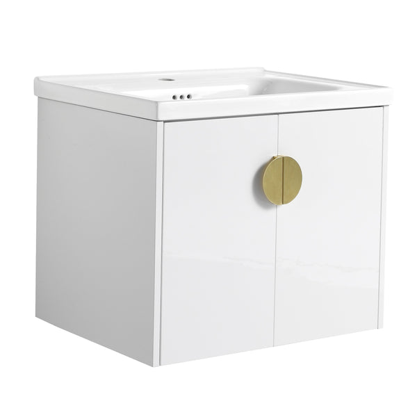 English Elm 24 Inch Wall-Mounted Bathroom Vanity with Ceramic Sink, Soft-Close Two-Door Storage, Modern Scratch-Resistant Finish W999132141