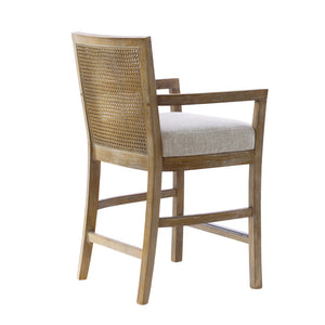 English Elm Cane Diedra Counter Stool with Reclaimed Natural Wood, Caned Back & Upholstered Seat, Bronze Kick Plate B035129477
