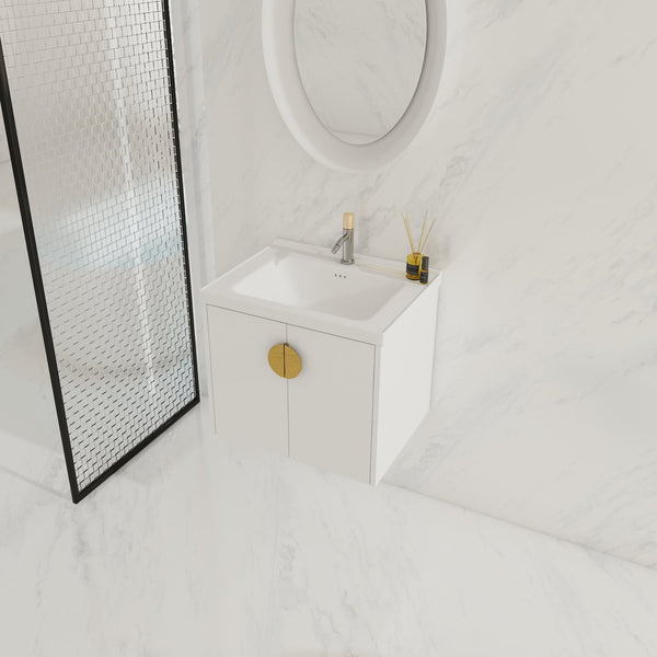 English Elm 24 Inch Wall-Mounted Bathroom Vanity with Ceramic Sink, Soft-Close Two-Door Storage, Modern Scratch-Resistant Finish W999132141