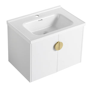English Elm 28 Inch Wall-Mounted Bathroom Vanity with Ceramic Sink, Soft-Close Doors, Dual Handles, Water-Resistent Finish W999132143
