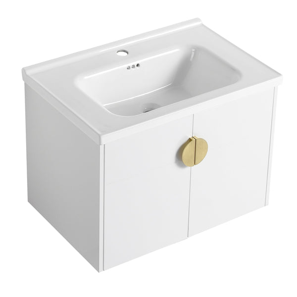 English Elm 28 Inch Wall-Mounted Bathroom Vanity with Ceramic Sink, Soft-Close Doors, Dual Handles, Water-Resistent Finish W999132143