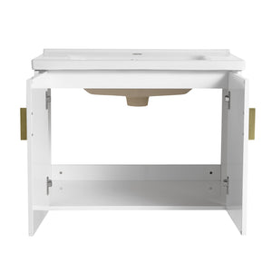 English Elm 28 Inch Wall-Mounted Bathroom Vanity with Ceramic Sink, Soft-Close Doors, Dual Handles, Water-Resistent Finish W999132143