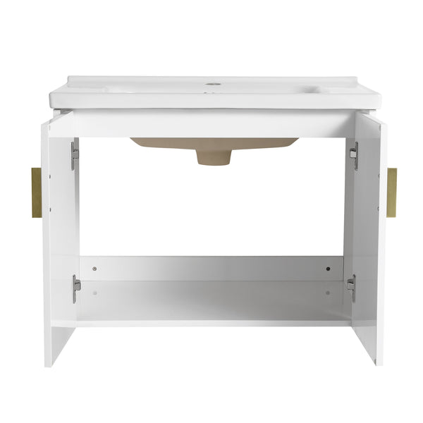 English Elm 28 Inch Wall-Mounted Bathroom Vanity with Ceramic Sink, Soft-Close Doors, Dual Handles, Water-Resistent Finish W999132143