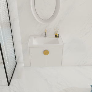 English Elm 28 Inch Wall-Mounted Bathroom Vanity with Ceramic Sink, Soft-Close Doors, Dual Handles, Water-Resistent Finish W999132143