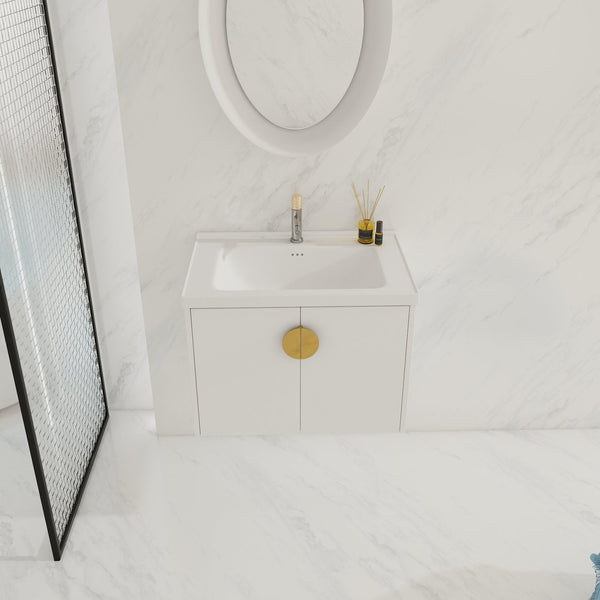 English Elm 28 Inch Wall-Mounted Bathroom Vanity with Ceramic Sink, Soft-Close Doors, Dual Handles, Water-Resistent Finish W999132143