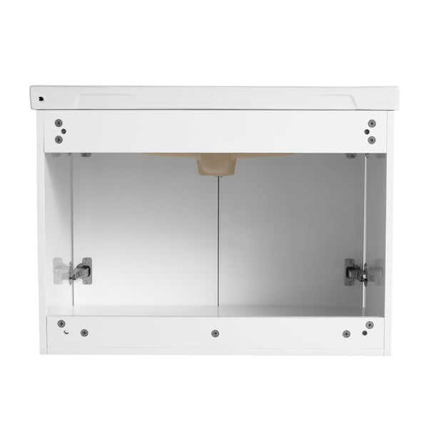English Elm 28 Inch Wall-Mounted Bathroom Vanity with Ceramic Sink, Soft-Close Doors, Dual Handles, Water-Resistent Finish W999132143