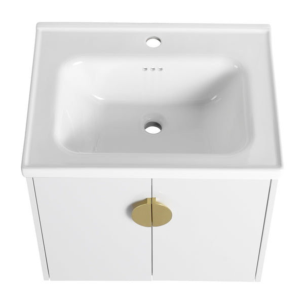 English Elm 24 Inch Wall-Mounted Bathroom Vanity with Ceramic Sink, Soft-Close Two-Door Storage, Modern Scratch-Resistant Finish W999132141