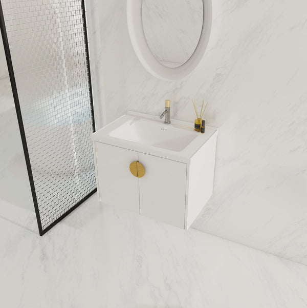 English Elm 28 Inch Wall-Mounted Bathroom Vanity with Ceramic Sink, Soft-Close Doors, Dual Handles, Water-Resistent Finish W999132143