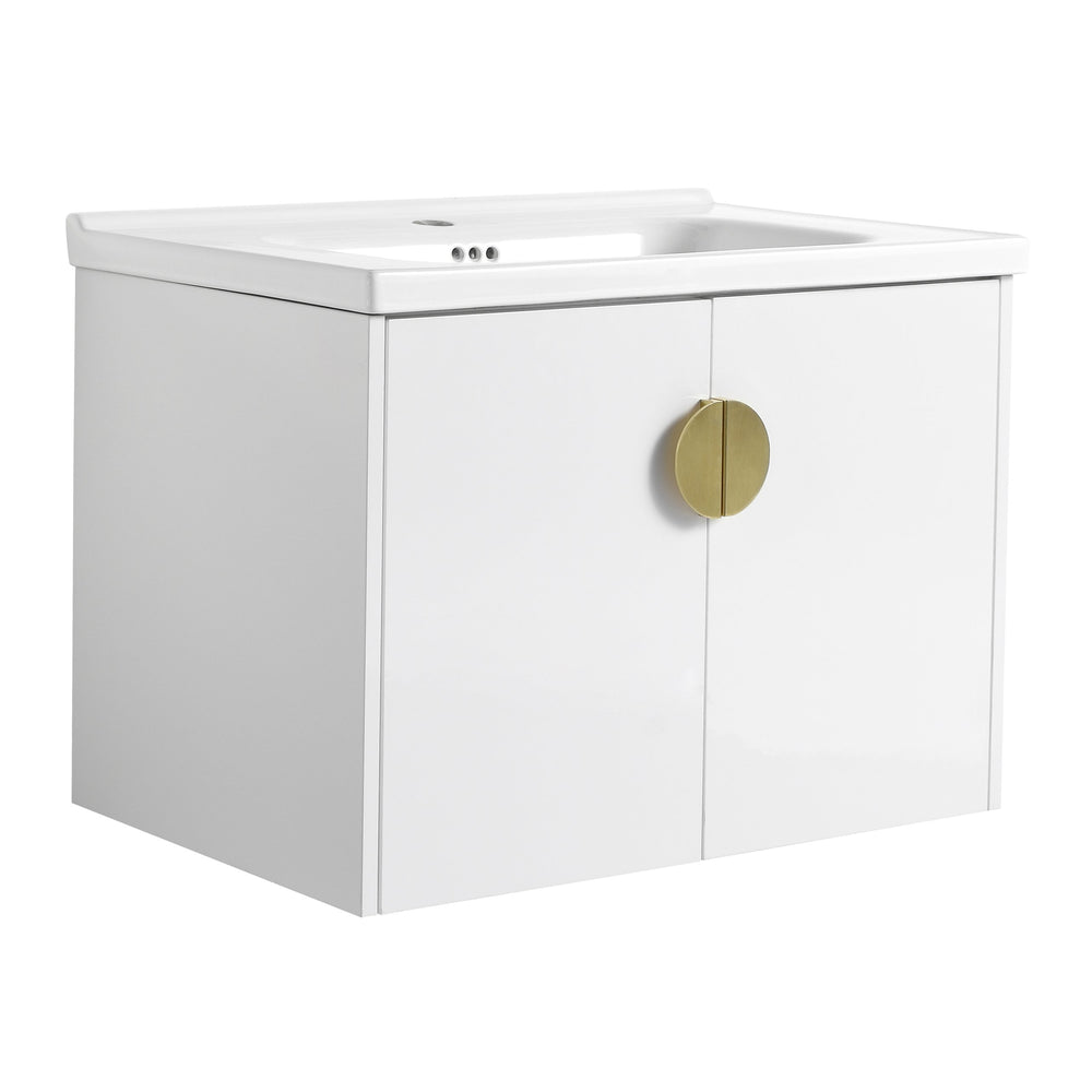 English Elm 28 Inch Wall-Mounted Bathroom Vanity with Ceramic Sink, Soft-Close Doors, Dual Handles, Water-Resistent Finish W999132143