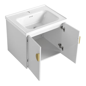 English Elm 24 Inch Wall-Mounted Bathroom Vanity with Ceramic Sink, Soft-Close Two-Door Storage, Modern Scratch-Resistant Finish W999132141