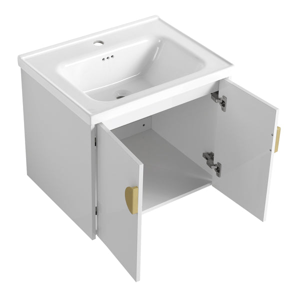 English Elm 24 Inch Wall-Mounted Bathroom Vanity with Ceramic Sink, Soft-Close Two-Door Storage, Modern Scratch-Resistant Finish W999132141