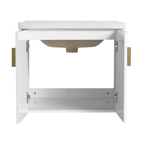 English Elm 24 Inch Wall-Mounted Bathroom Vanity with Ceramic Sink, Soft-Close Two-Door Storage, Modern Scratch-Resistant Finish W999132141