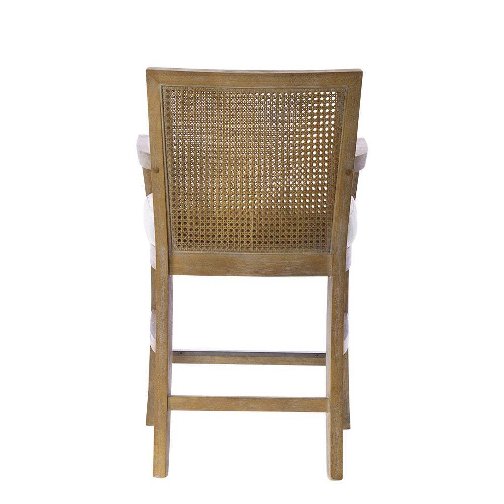 English Elm Cane Diedra Counter Stool with Reclaimed Natural Wood, Caned Back & Upholstered Seat, Bronze Kick Plate B035129477