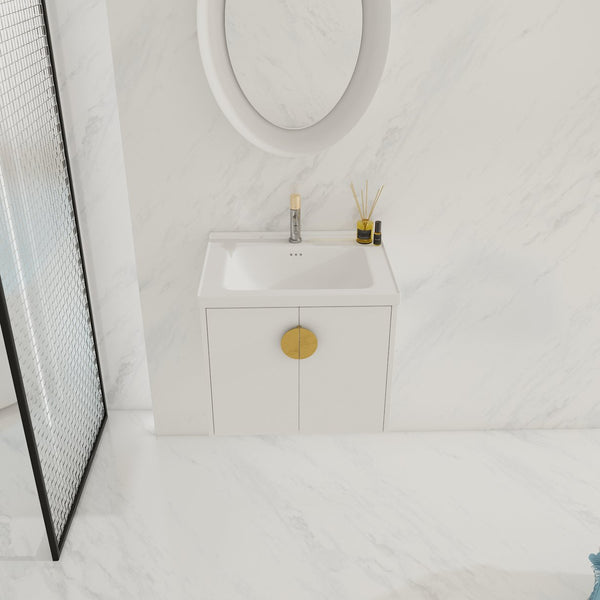 English Elm 24 Inch Wall-Mounted Bathroom Vanity with Ceramic Sink, Soft-Close Two-Door Storage, Modern Scratch-Resistant Finish W999132141