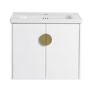 English Elm 24 Inch Wall-Mounted Bathroom Vanity with Ceramic Sink, Soft-Close Two-Door Storage, Modern Scratch-Resistant Finish W999132141