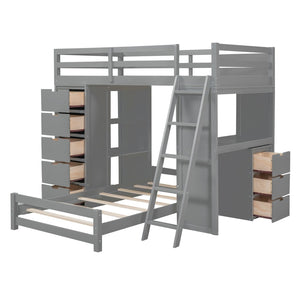 English Elm Twin Over Kids Bunk Bed with Led Lighting Usb Ports Desk and Gray Finish LT001218AAE
