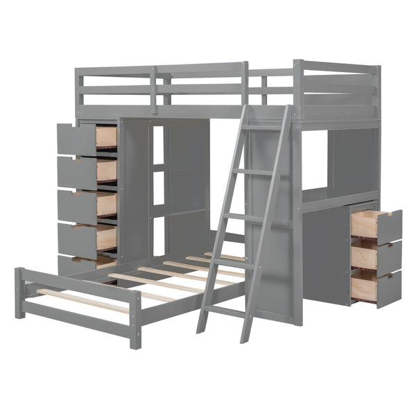 English Elm Twin Over Kids Bunk Bed with Led Lighting Usb Ports Desk and Gray Finish LT001218AAE