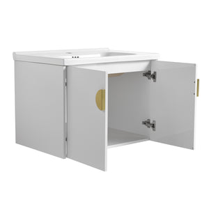 English Elm 28 Inch Wall-Mounted Bathroom Vanity with Ceramic Sink, Soft-Close Doors, Dual Handles, Water-Resistent Finish W999132143