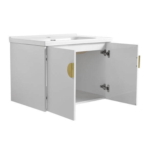 English Elm 28 Inch Wall-Mounted Bathroom Vanity with Ceramic Sink, Soft-Close Doors, Dual Handles, Water-Resistent Finish W999132143