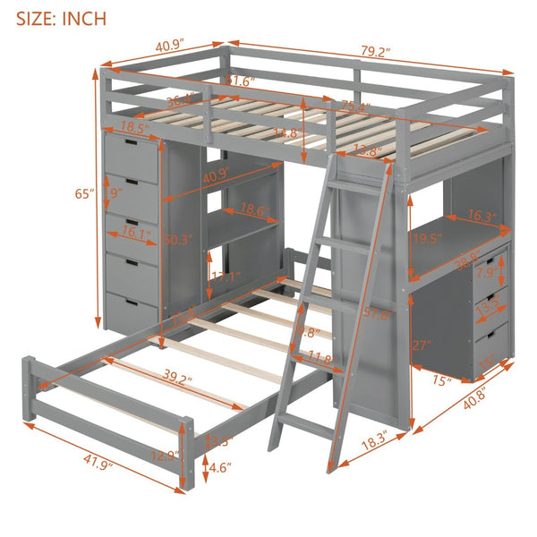 English Elm Twin Over Kids Bunk Bed with Led Lighting Usb Ports Desk and Gray Finish LT001218AAE