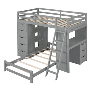English Elm Twin Over Kids Bunk Bed with Led Lighting Usb Ports Desk and Gray Finish LT001218AAE