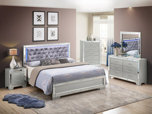 English Elm Glamorous Champagne Queen Bed with Silver Finish, 57"H x 66"W x 85"D, Durable Particleboard Frame B078S00540