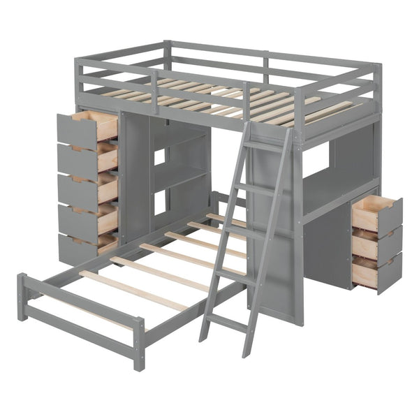 English Elm Twin Over Kids Bunk Bed with Led Lighting Usb Ports Desk and Gray Finish LT001218AAE